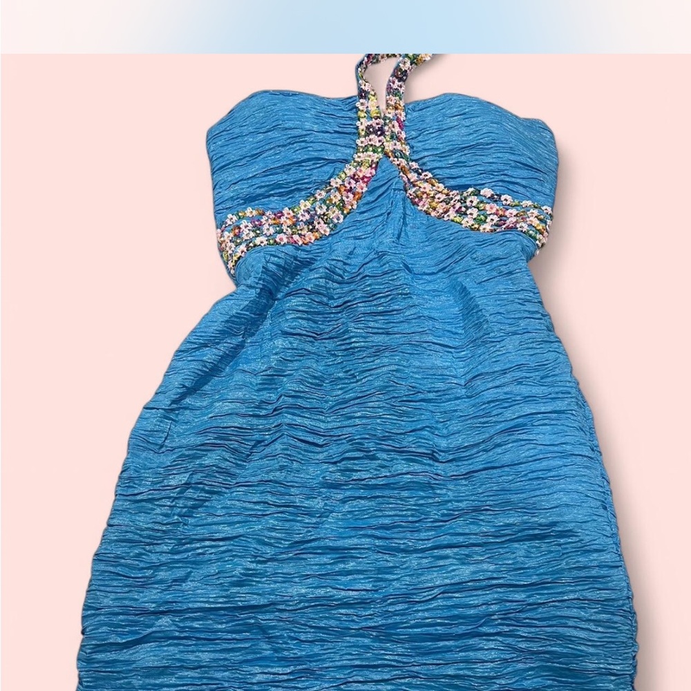 Blue Halter Dress with Floral Detail